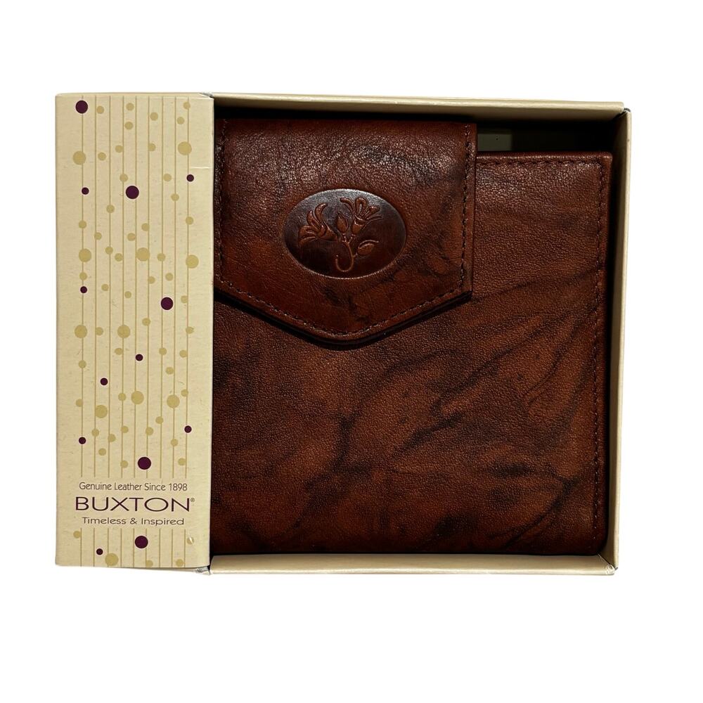 Buxton brown cowhide leather wallet ladies bifold with kiss lock coin pocket NIB